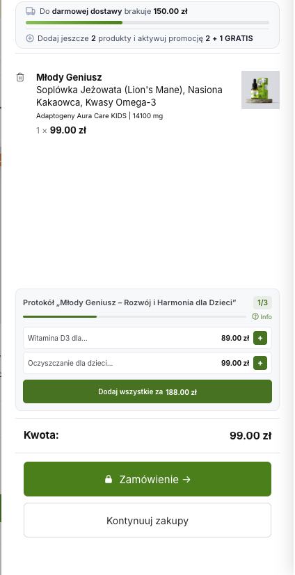 Koszyk Aura Care z przyciskiem Zamówienie prowadzącym do podsumowania