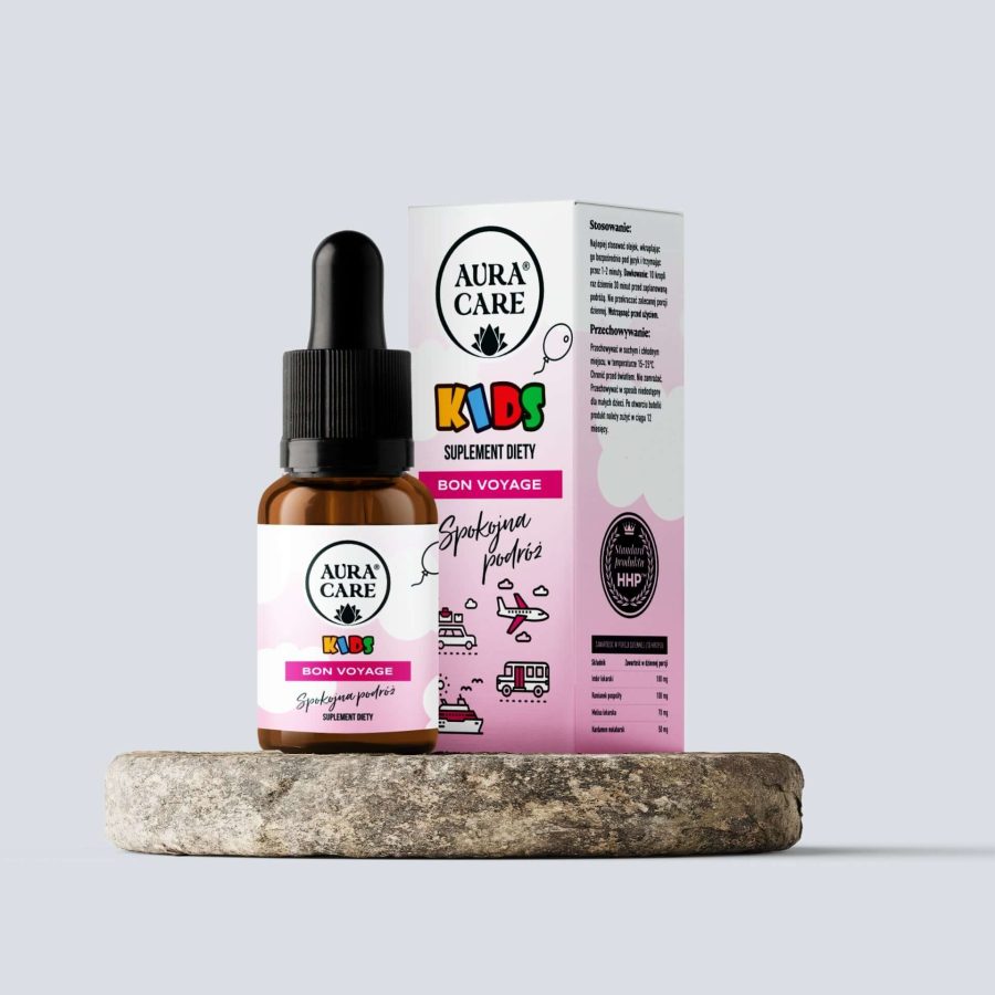 Spokojna Podróż - roślinny macerat olejowy w standardzie HHP™ Imbir, rumianek, melisa i kardamon w kroplach  Aura Care Kids | 15 ml