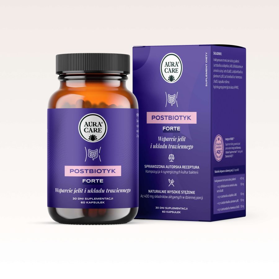 Postbiotyk FORTE 4 inaktywowane szczepy bakterii - 400 mg w porcji dziennej Postbiotyki od Aura Care | 60 kapsułek