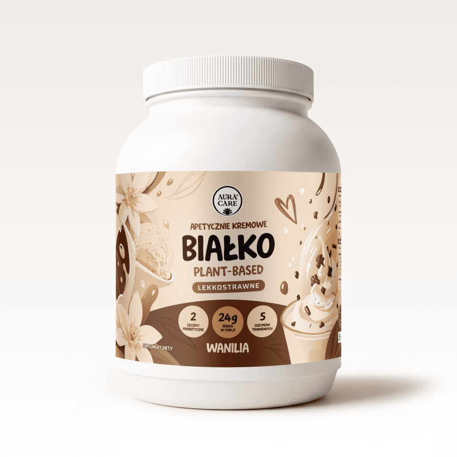 Lekkostrawne Białko Roślinne AQS™ o smaku waniliowym 24 g białka w porcji, 2 szczepy probiotyczne, 5 enzymów trawiennych Odżywka białkowa Aura Care | 800 g