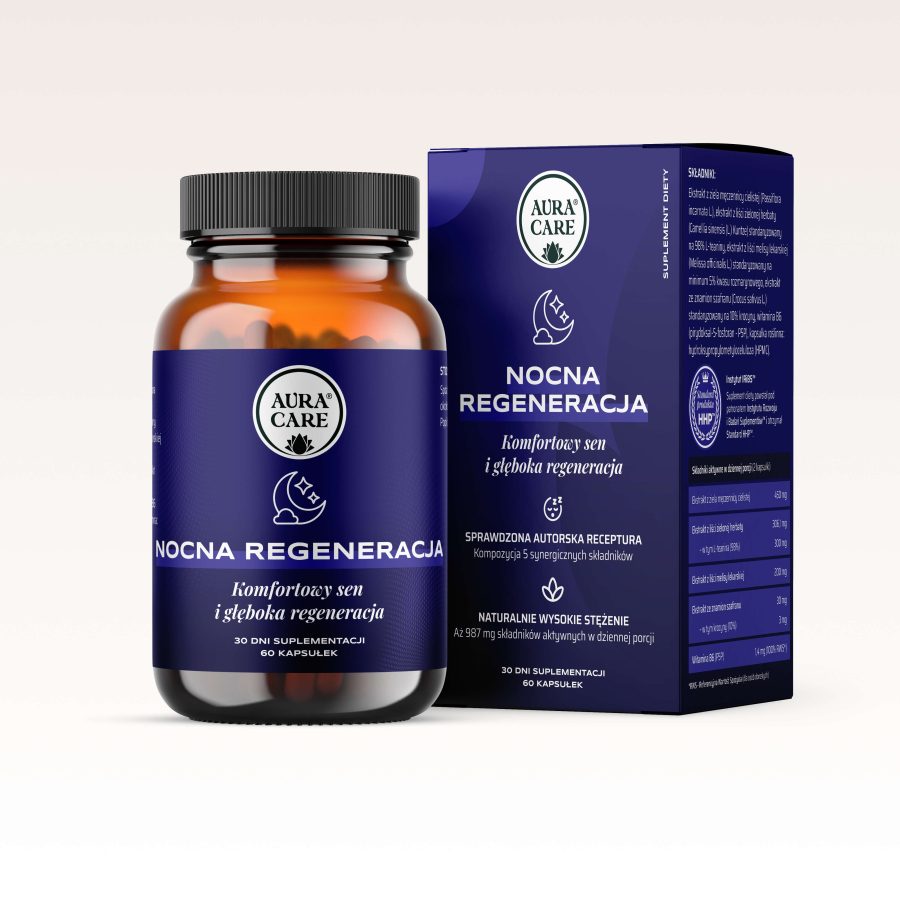 Nocna Regeneracja HHP™ L-teanina 300 mg z męczennicą cielistą, melisą lekarską, szafranem i witaminą B6 Adaptogeny Aura Care | 60 kapsułek