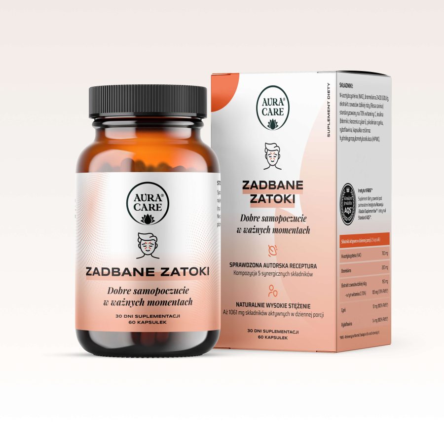 Zadbane Zatoki AQS™ NAC i bromelaina z dziką różą, cynkiem i witaminą B2 Adaptogeny od Aura Care | 60 kapsułek